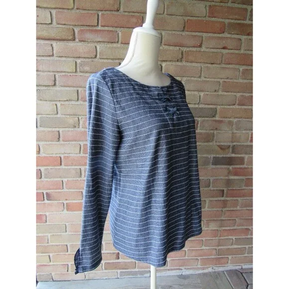 Talbots Striped Knit Top Criss Cross Detail Women's Medium Casual Ruffle Cuff - Picture 5 of 13